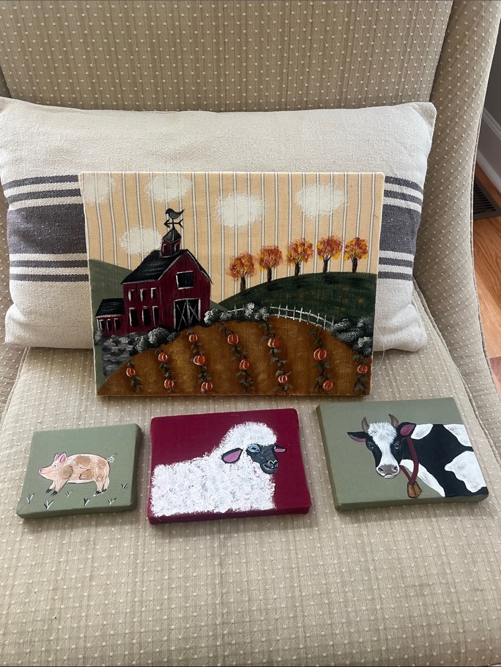 Hand painted Farmhouse Mini Canvas Art Set - Barn, Sheep, Pig, Cow